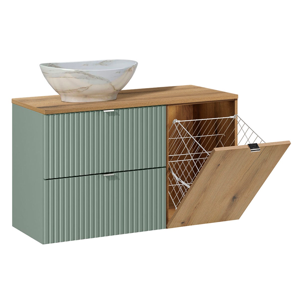 Mueble lavabo 100cm cesto lavandería verde jade y madera