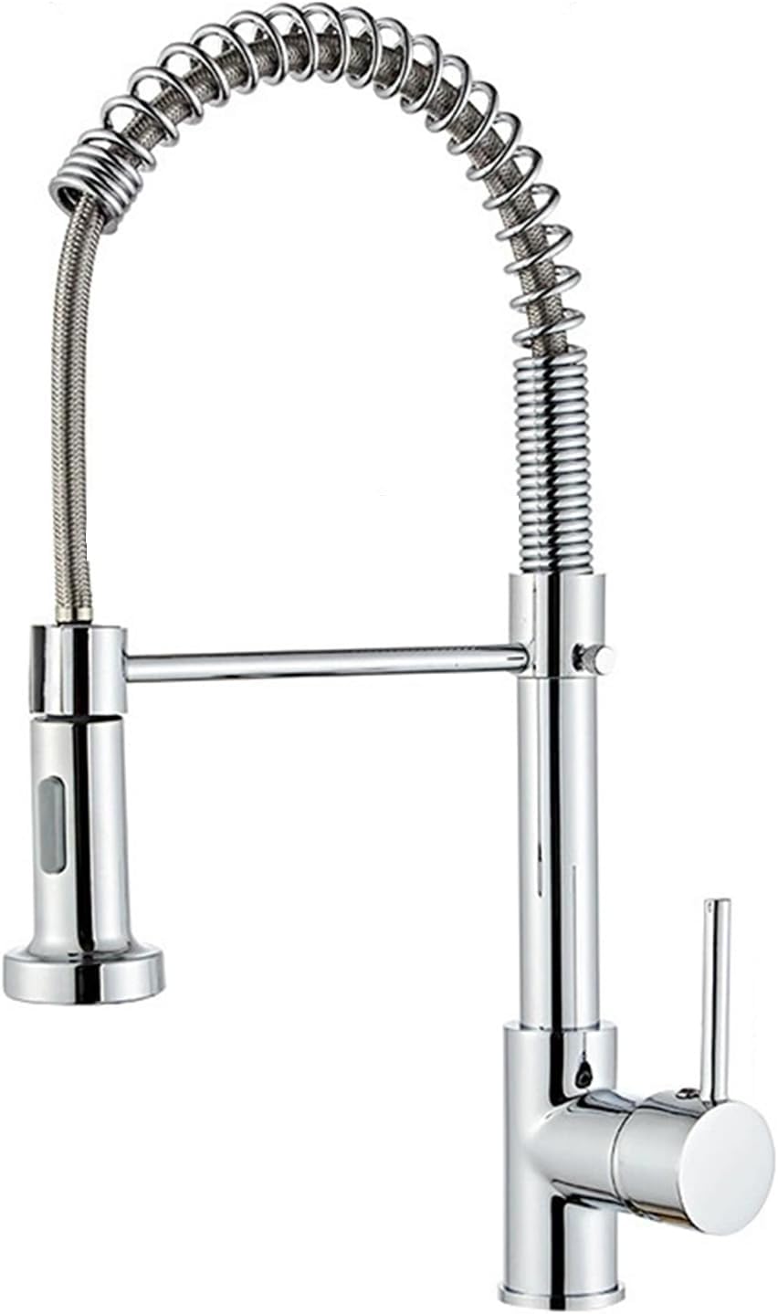 Bateria kuchenna, bateria kuchenna z wyciąganą wylewką, bateria zlewozmywakowa o wysokim łuku, obrotowa 360°, stop miedzi, 2 tryby natrysku, srebrna