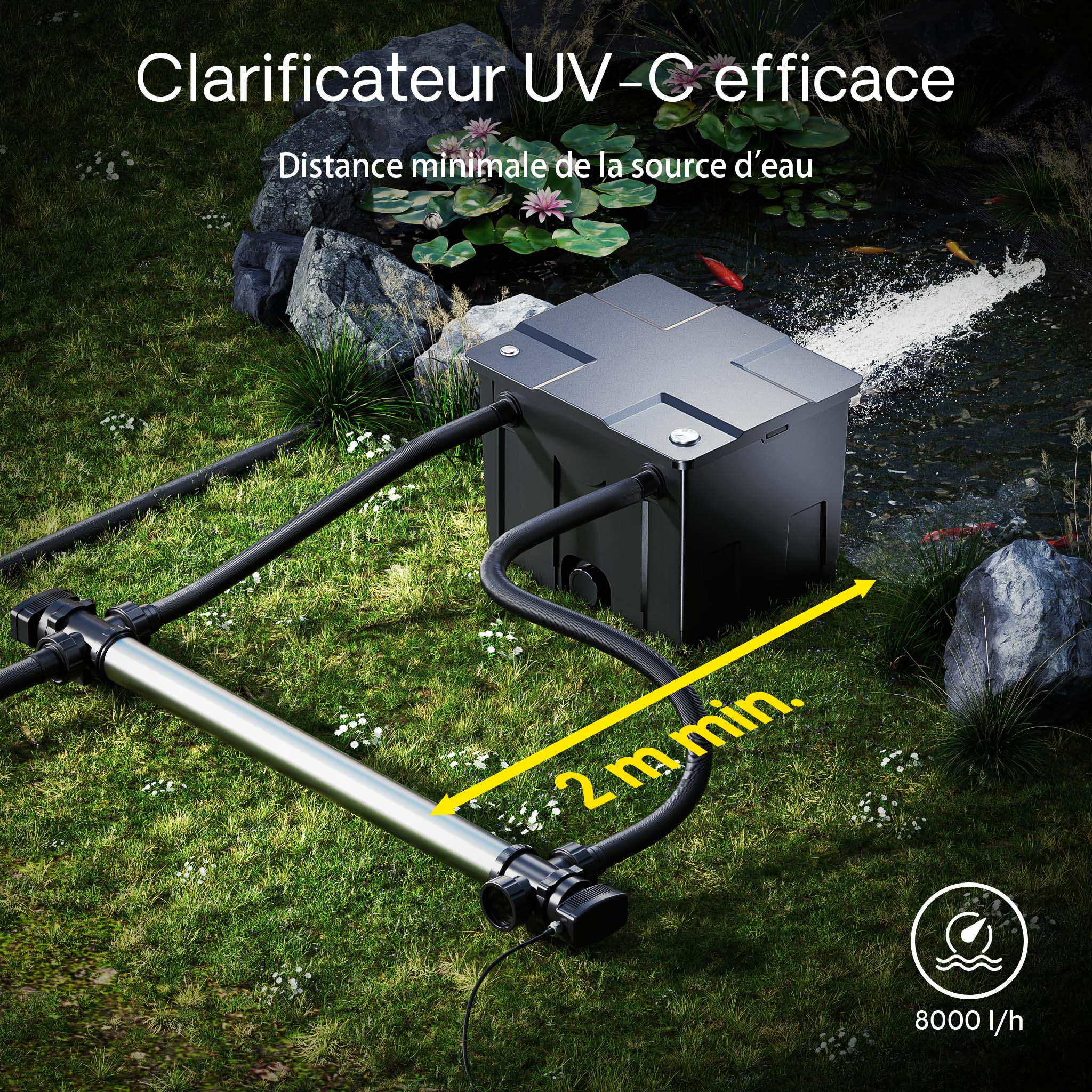CUV-772 Stérilisateur Clarificateur bassins/étang - débit max. 8000 l/h - avec Lampe rayons UV-C 72 W + Boîtier inox - pour Poissons et… SunSun - 7
