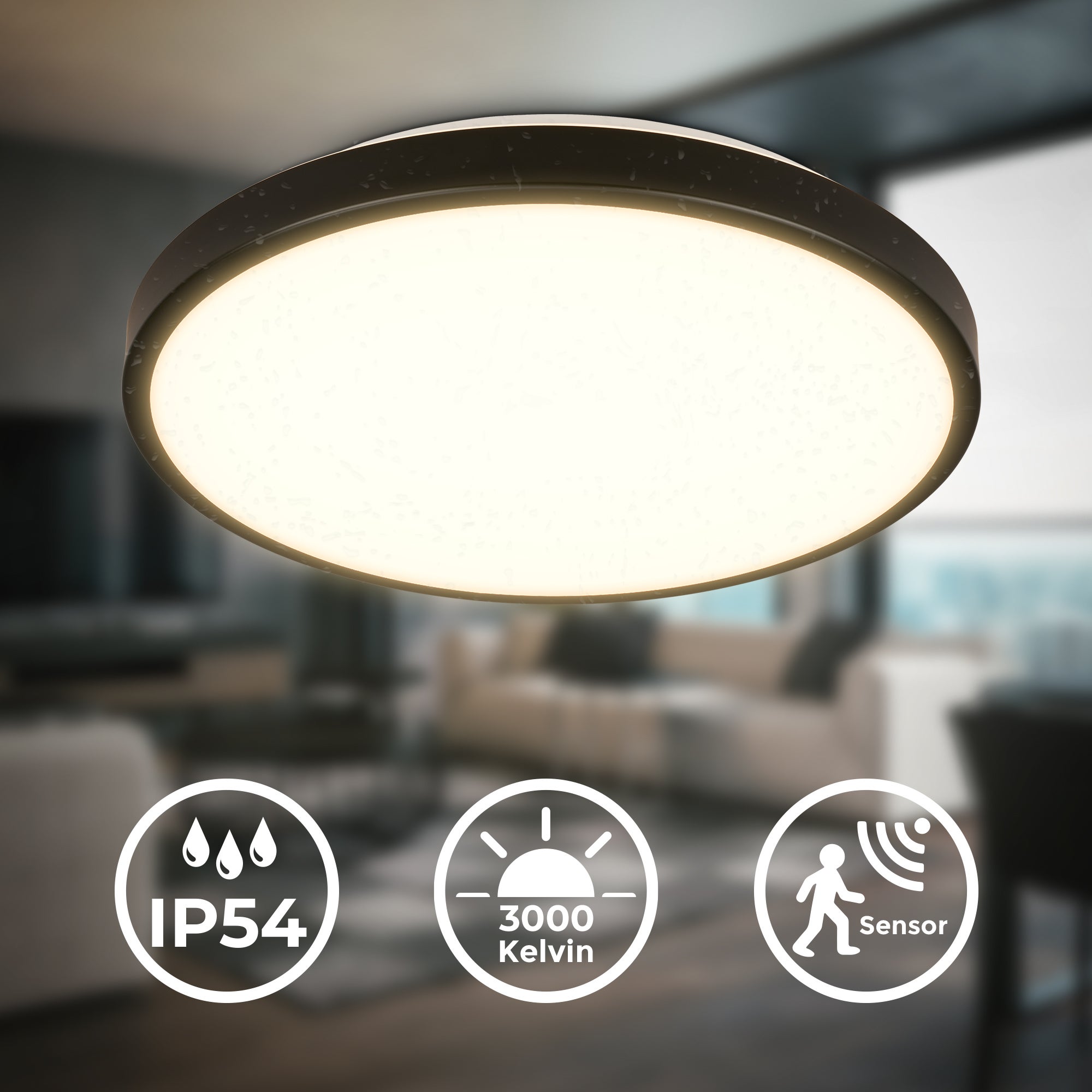Plafonnier LED étanche avec détecteur micro-ondes - IP54 - Ø290 mm - Noir - Blanc chaud 3000K - 13W - 1300lm - B.K.Licht - 2