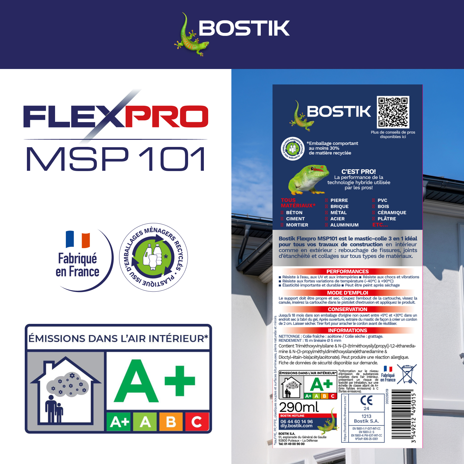 Bostik Mastic Colle Flexpro MSP101 - Colle Jointe et Rebouche - Tous Matériaux - Intérieur/Extérieur - Hautes Performances - Blanc - 290ml - 5