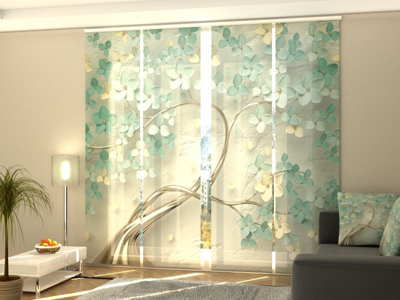 4 paneles japoneses wellmira 60x270 cm con riel de 4 vías de 240 cm, fabuloso árbol con flores verdes