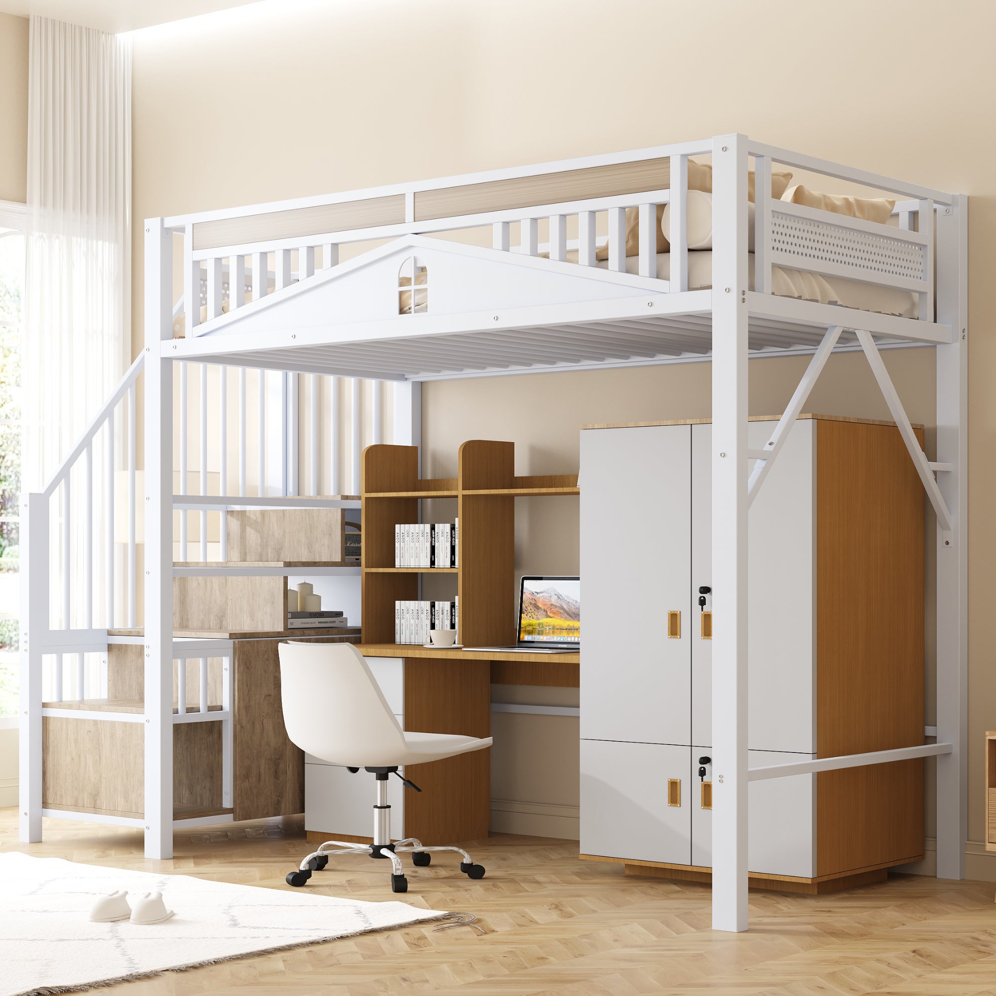 Lit mezzanine métallique 90x200 - avec barrière de sécurité unique, échelle avec penderie - Blanc - 3