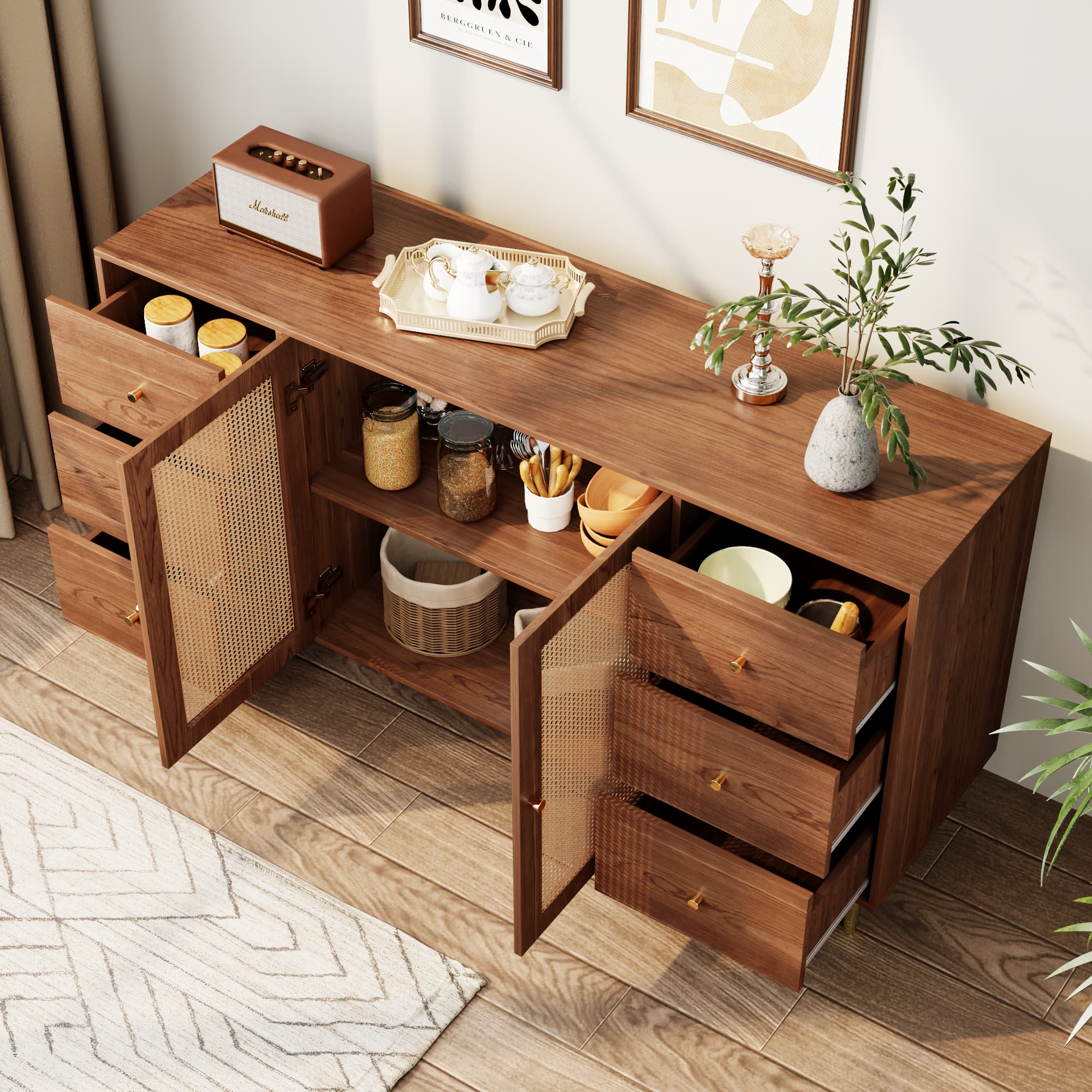Buffet, buffet en rotin, rangement avec tiroirs, armoire en bois individuelle, cuisine, maison, salon, brun, 160 x 40 x 90 cm - 9