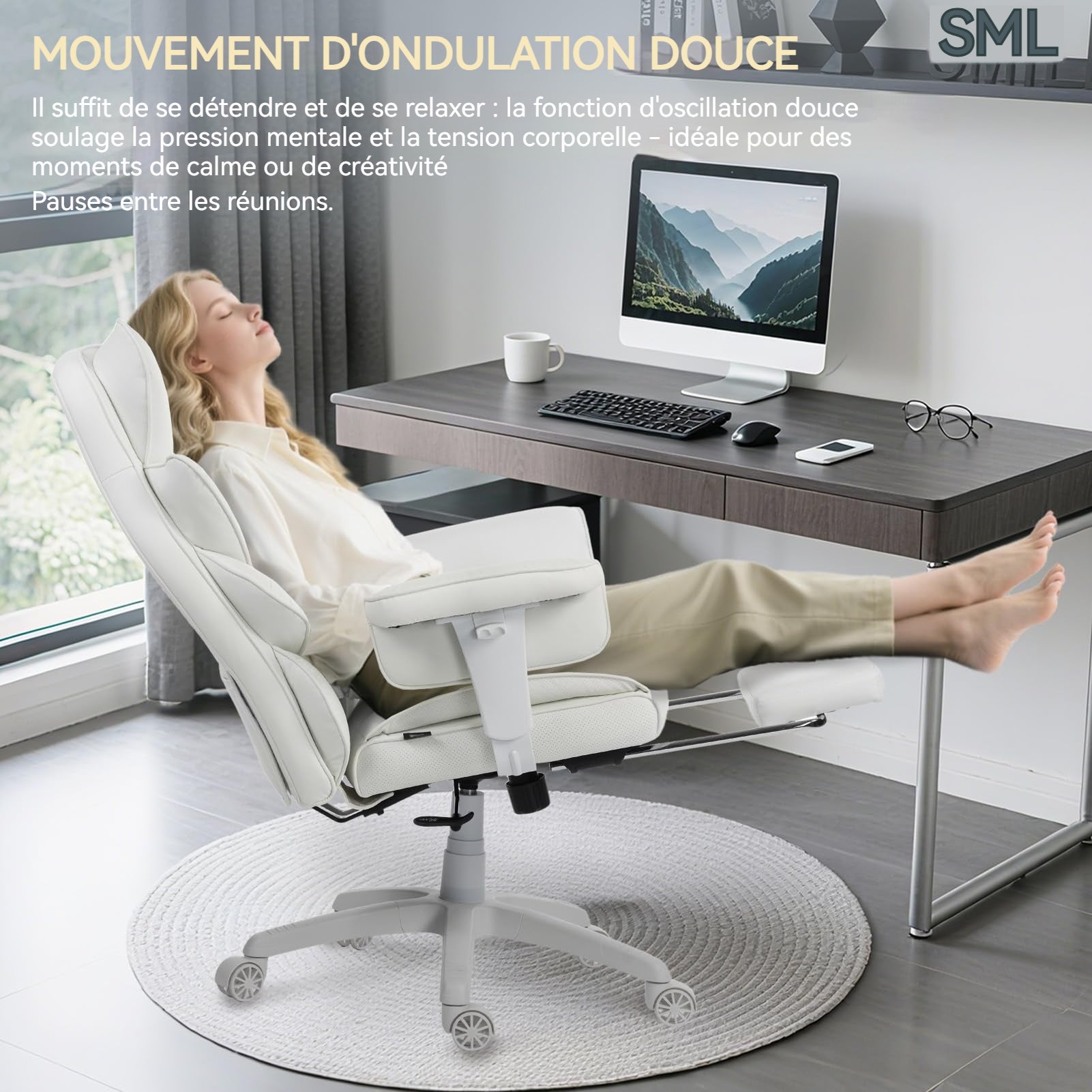 Chaise de bureau chaise de bureau ergonomique avec accoudoirs et repose-pieds, chaise d'ordinateur (matériau PU, blanc) - 6