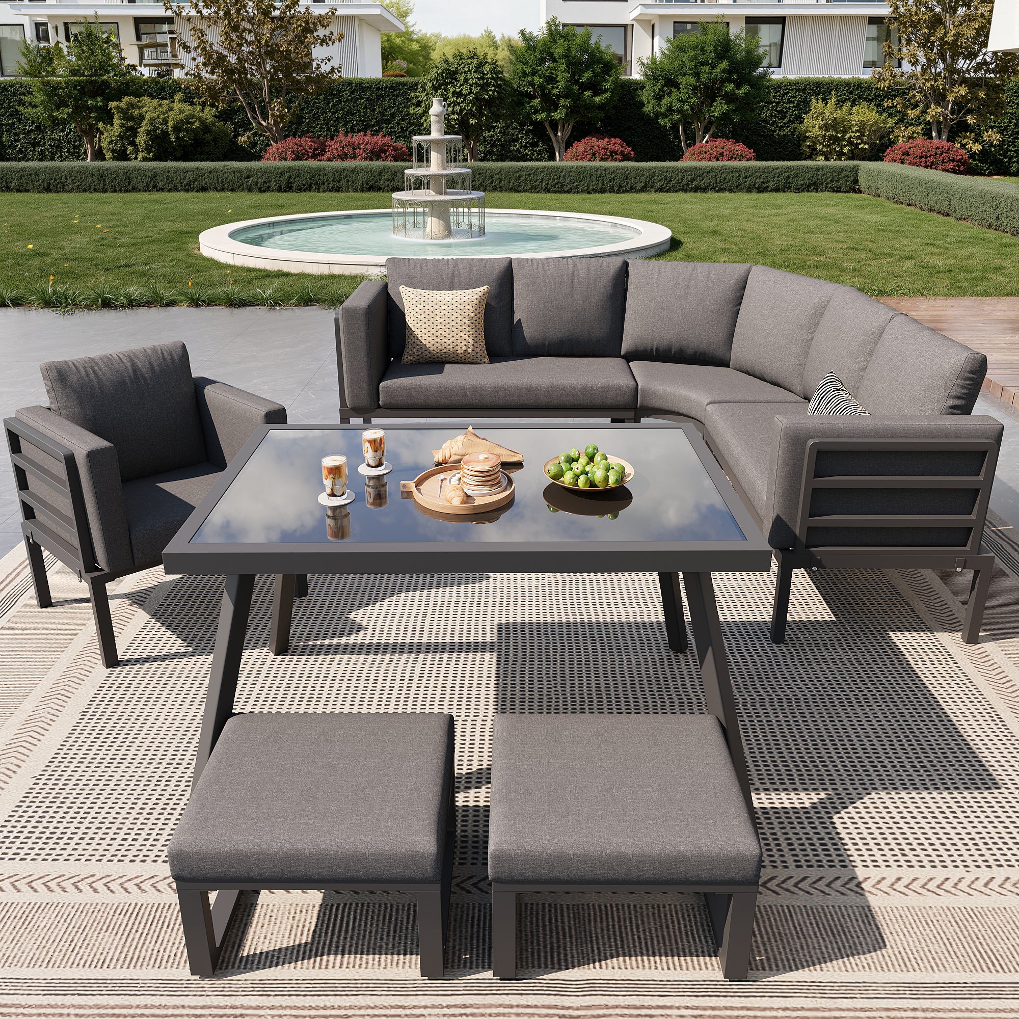 Conjunto Jardín Exterior en Forma de Media Luna para 8 Plazas / Estructura robusta de Hierro+Cojines / Mesa de Cristal+ 1 Sillón+ 2 Taburetes - Gris - 6
