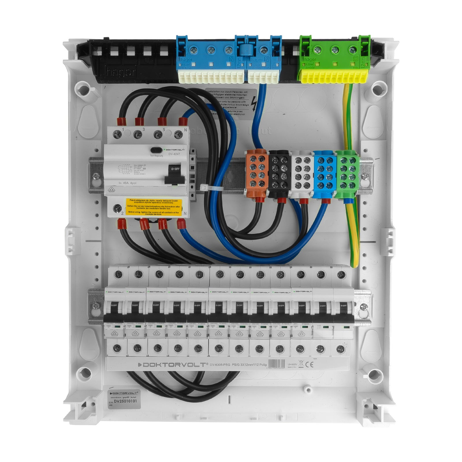 Rozdzielnica modułowa natynkowa 2x12 zabezpieczona 10xMCB 1xRCCB VDE 370x305x96,5mm zaciski rozgałęźne L1, L2, L3, N, PE Doktorvolt DV-6326-NT