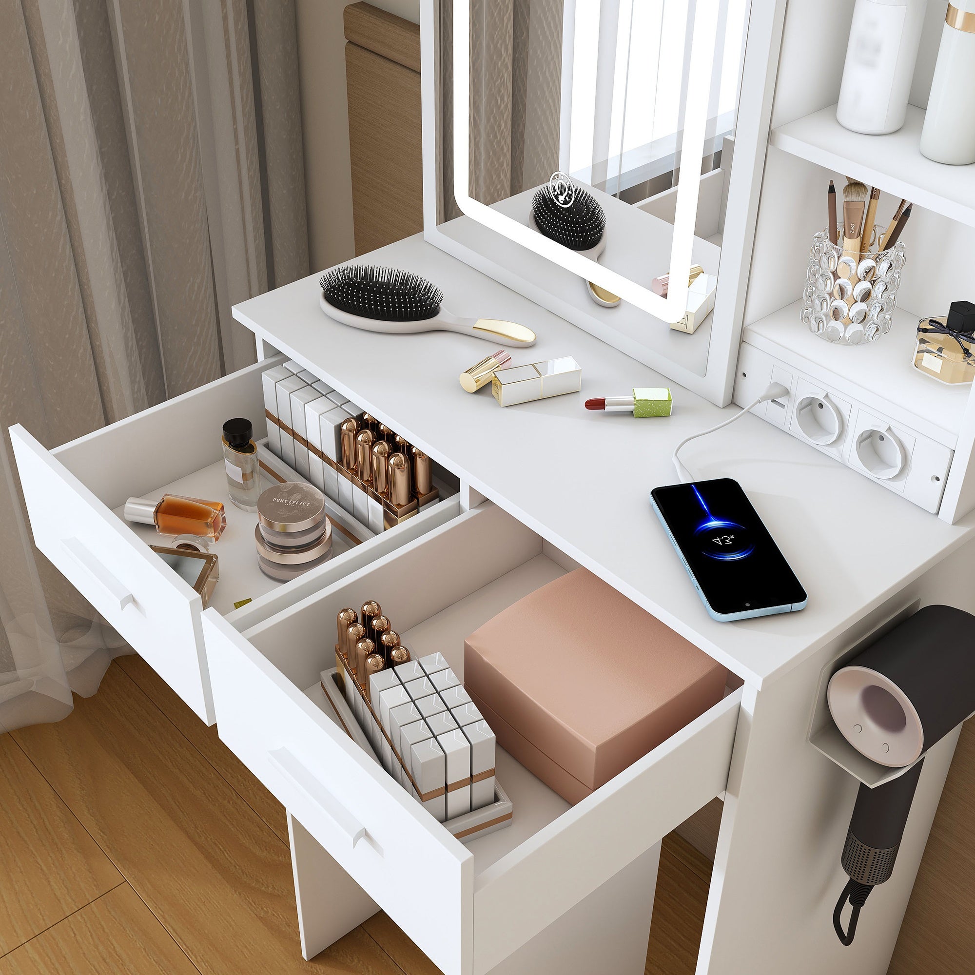 Petite coiffeuse blanche avec miroir, éclairage LED réglable et prise de courant – tabouret rembourré inclus, L60 × H136 × P36 cm - 5