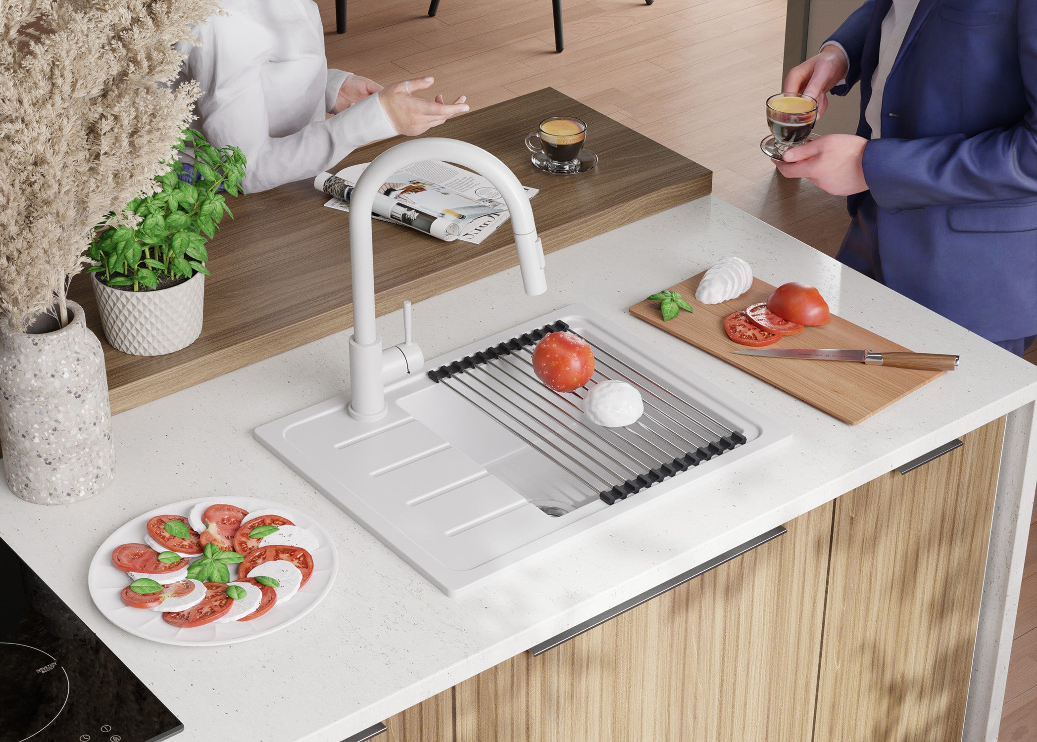 Evier Cuisine en Granit Tout Blanc 55x44cm, Lavabo 1 bac + Kit de Vidage + Accessoire, Évier à Encastrer au meuble 45cm - Copenhague Easy PRIMAGRAN - 4