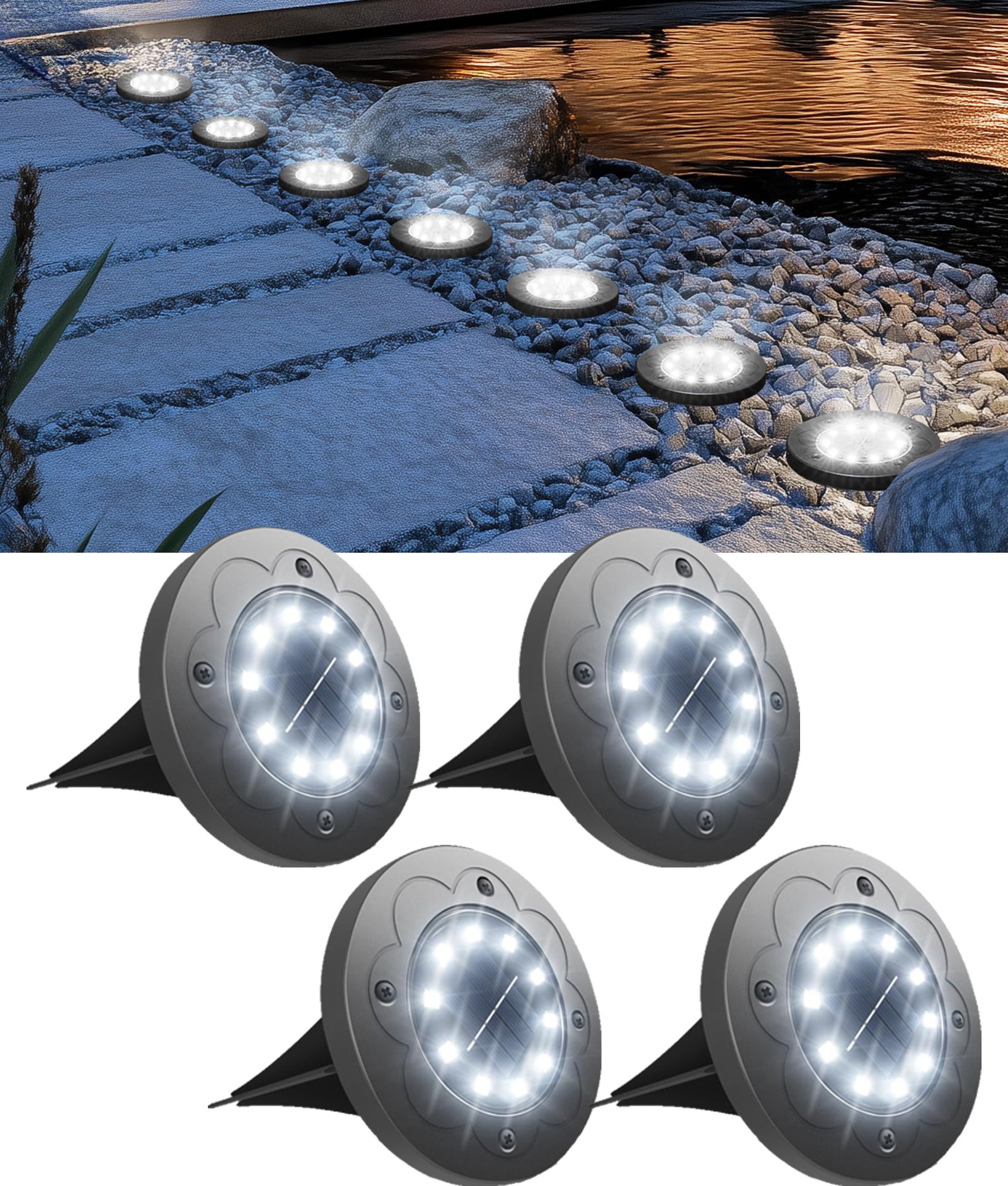 Zestaw 4 wodoodpornych lamp solarnych zewnętrznych, 10 LED wbudowanych w ziemię, do ogrodu, na taras, alejkę, białe