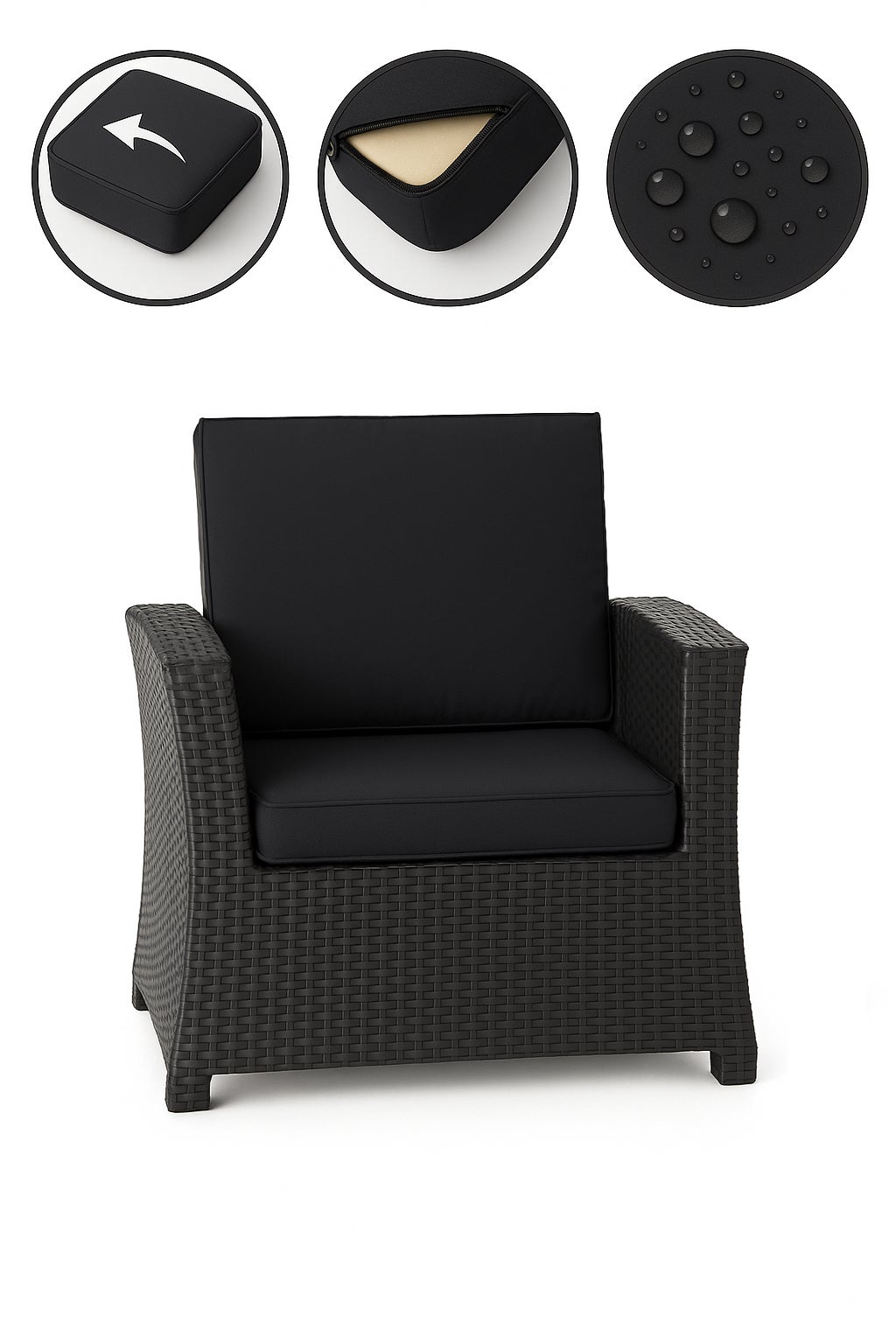 Coussins de chaise en résine tressée 56x52x7cm Lot de 2 coussins de chaise extérieur, Coussin de fauteuil de jardin Noir, Coussin avec dossier - 6