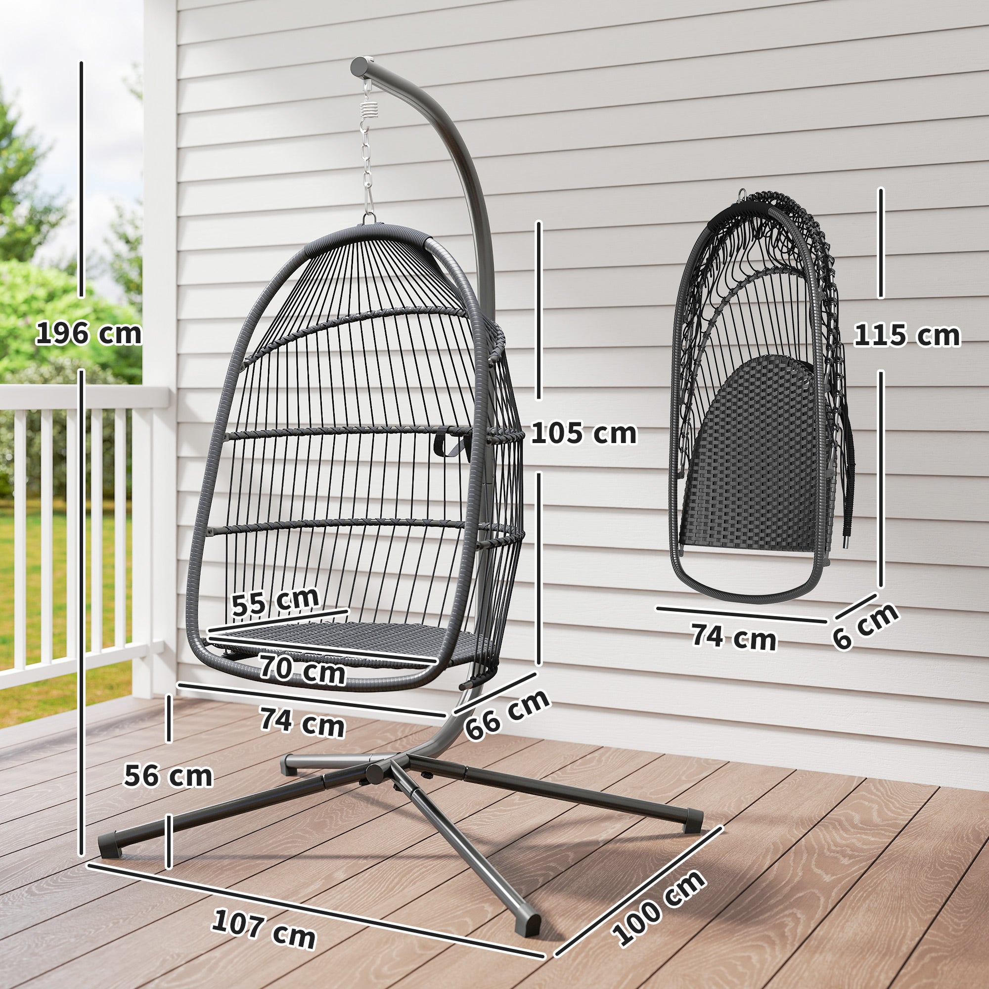 Cadeira Suspensa Outsunny Aço, PE Cinzento Escuro 107x100x196 cm - 3