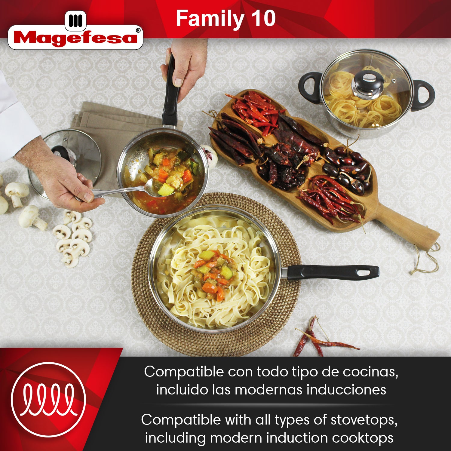 Magefesa Family - Batería de Cocina, 10 piezas, Acero Inoxidable, Fácil Limpieza y Apta Lavavajillas, Asas Bakelita toque soft-cold - 4