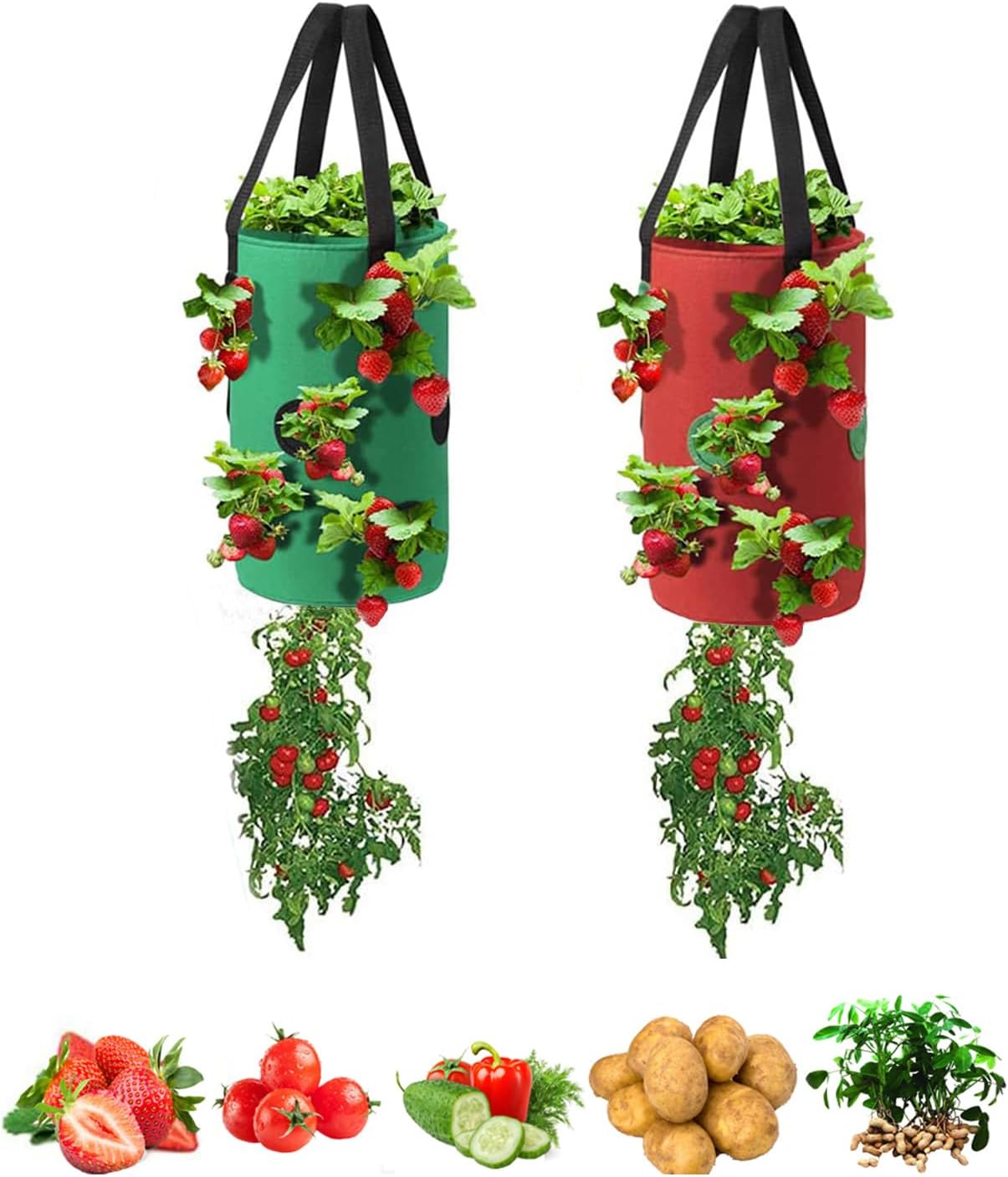 Oddychające worki do uprawy truskawek, 2 sztuki, czerwone i zielone, 12 otworów, wiszące kosze z włókniny