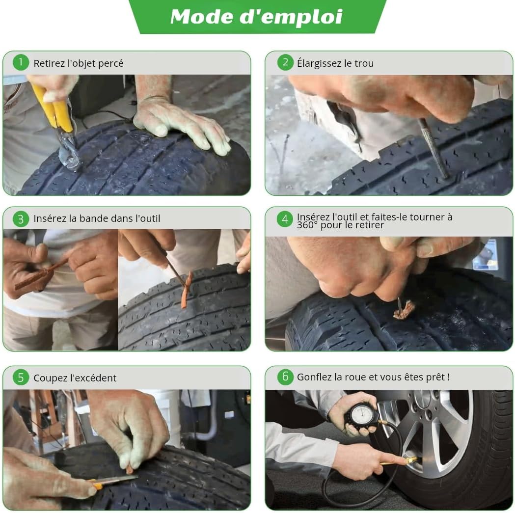 Meche Pneu Crevaison - Kit Reparation Pneu Voiture - Répare en 15 Minutes - Inclut 10 Mèches,1 Outil T spiralé,1 Insert d'outil en T,2 Gants et 1 Cu - 5