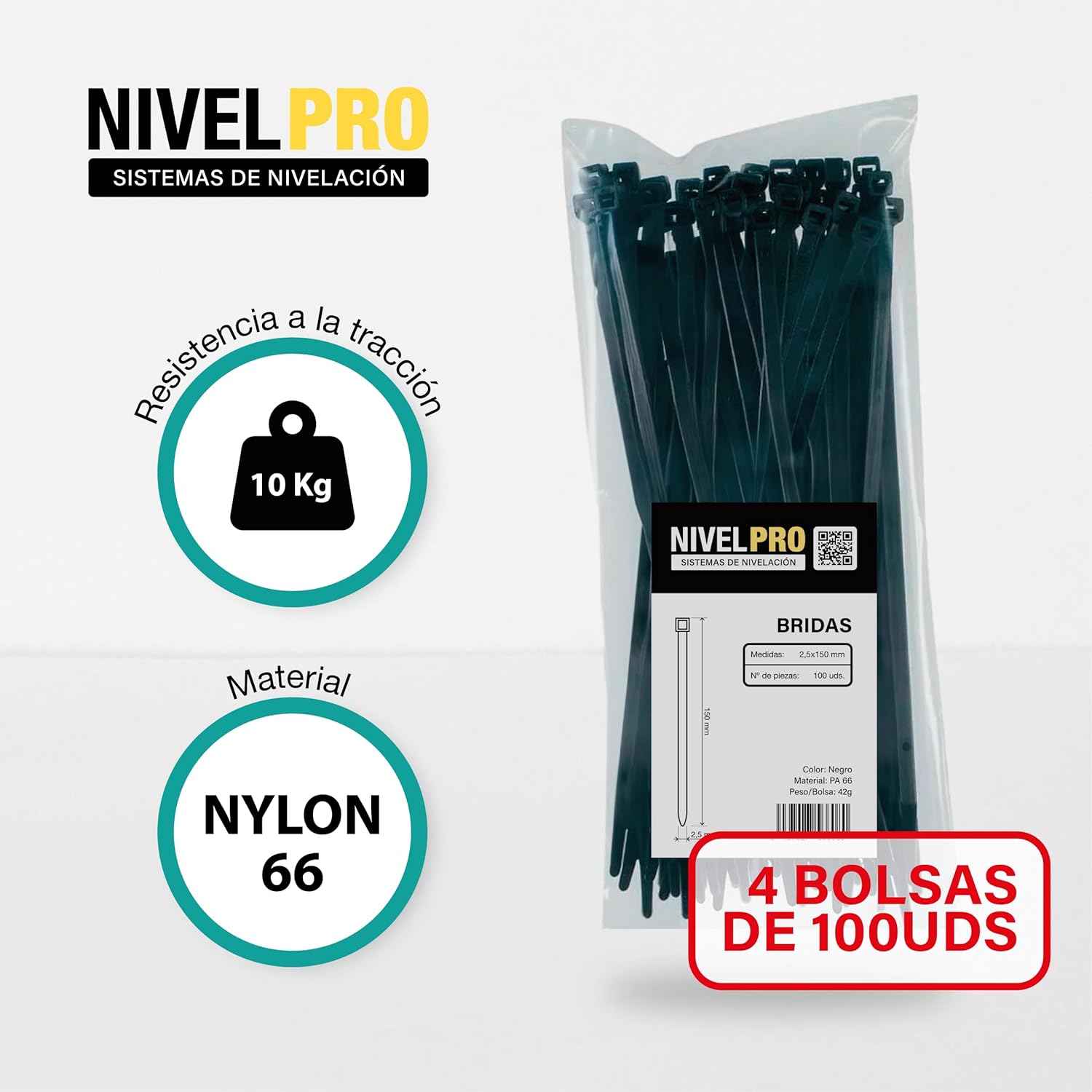 (2’5x150mm, 400 uds) Bridas resistentes exterior e interior, NIVELPRO - 3