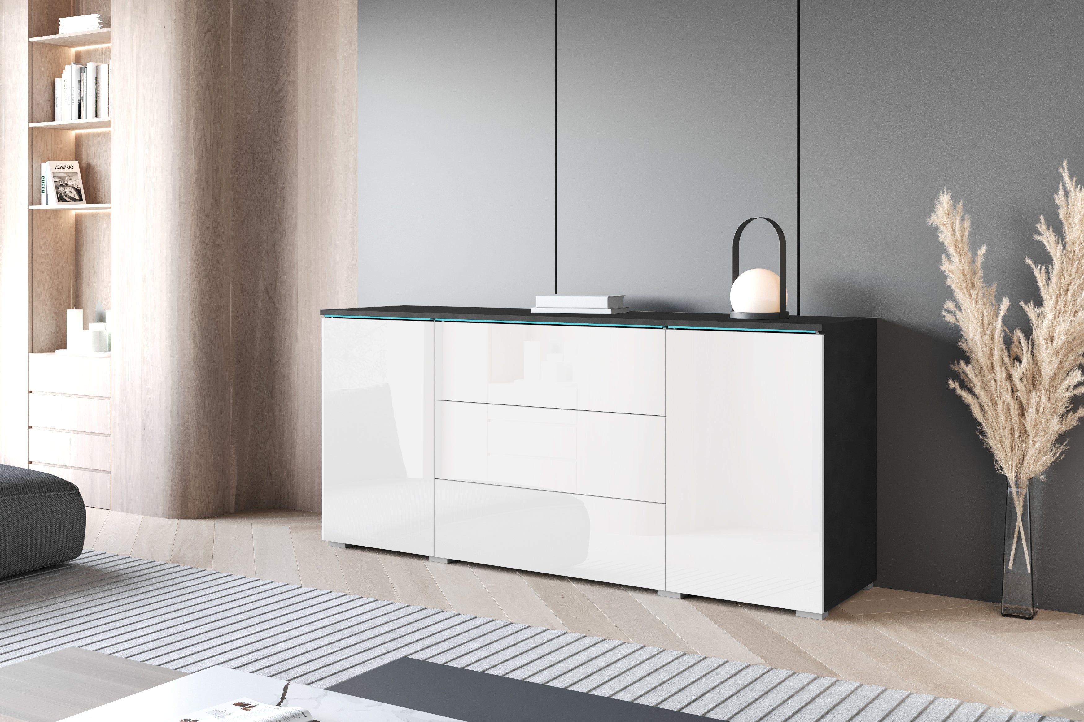 Komoda VEVE 150 cm matera/biały połysk z oświetleniem LED