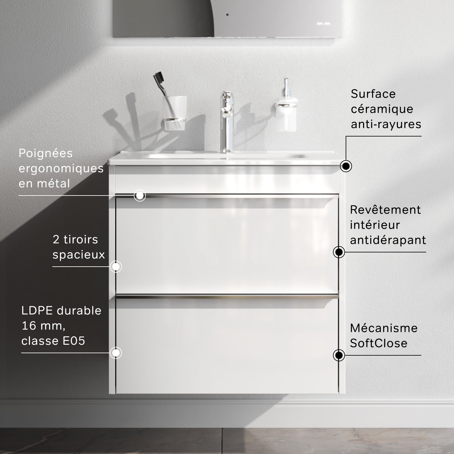 Meuble salle de bains avec Vasque en Céramique Meuble simple vasque suspendu 60 cm avec lavabo intégré, 2 tiroirs, design, Blanc Brillant&nbsp; – AM.PM - 3