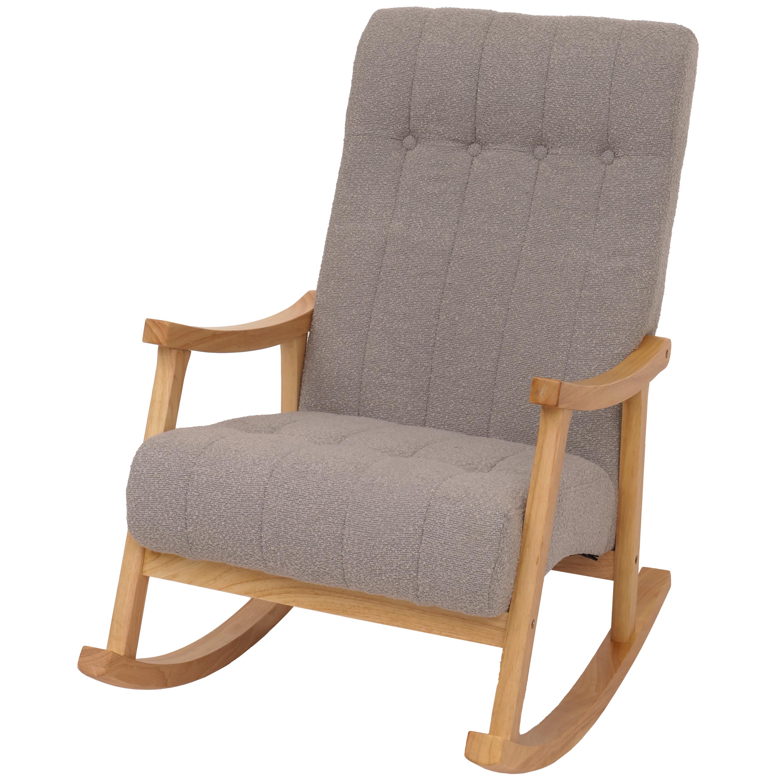 Fotel bujany HWC-K10, fotel relaksacyjny, drewno MVG, tkanina bouclé (450 g/m²) ~ szary, stelaż w kolorze naturalnym