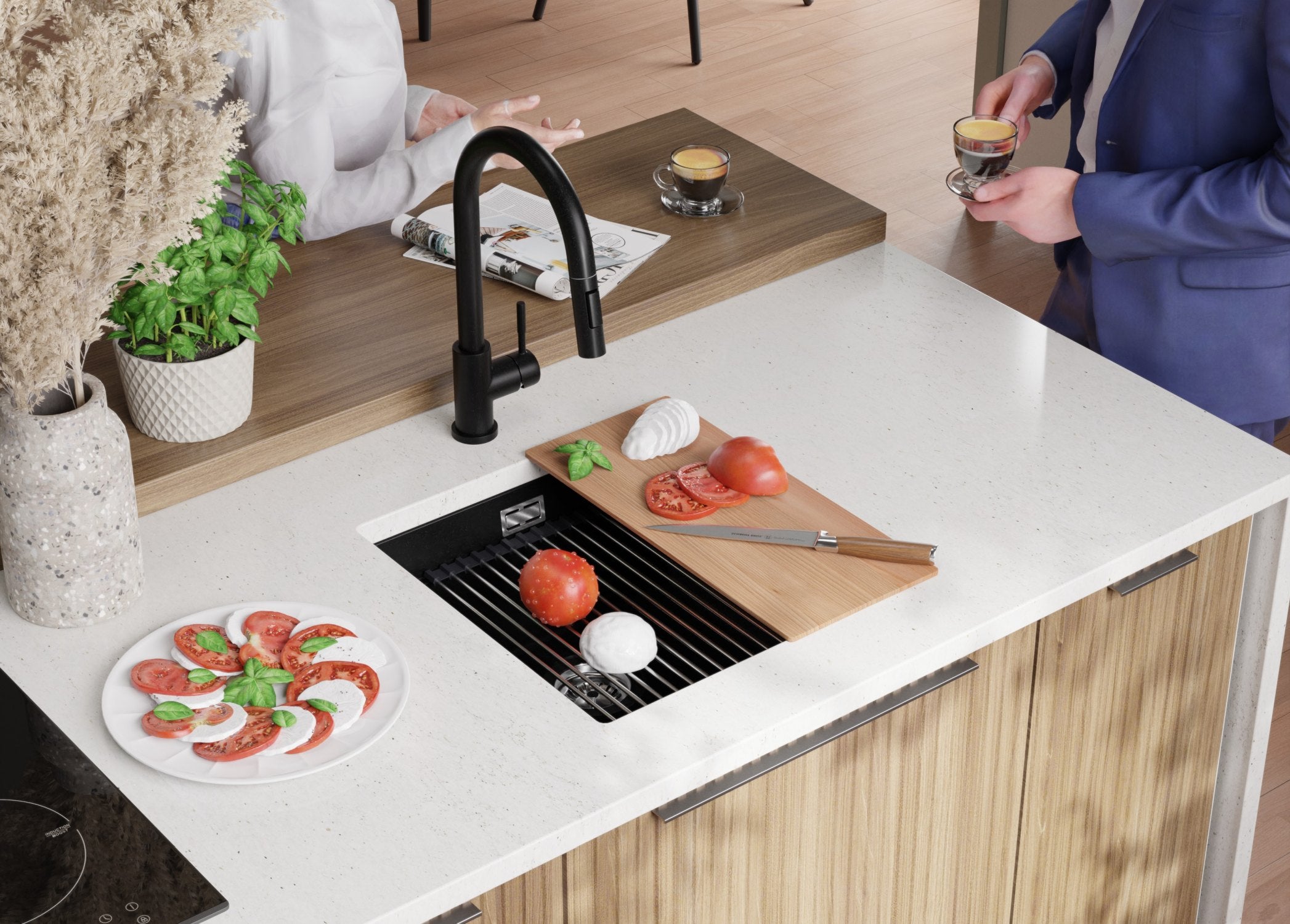 Lavandino sottotop Nero 46x47cm, Lavello in Granito a 1 vasca + Sifone Classico + Accessori, Lavabo da Cucina al mobile 50cm - Prague PRIMAGRAN - 4