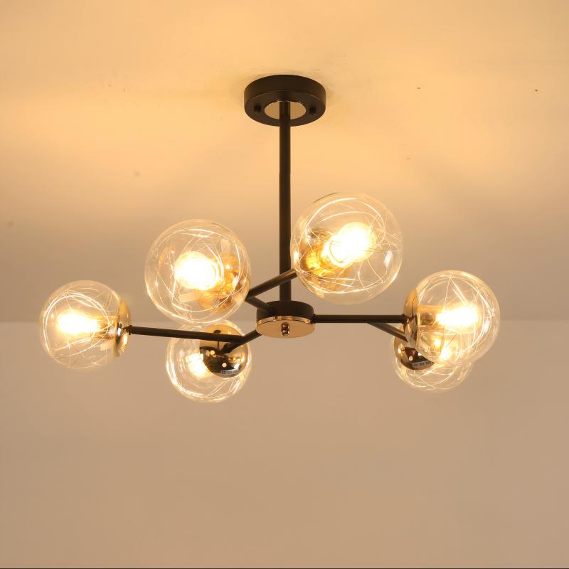 Lampadario A Sospensione Regolabile Con 6 Paralumi In Vetro Champagne – Modello A Scala, Ferro Nero, Altezza Fino A 180 Cm, E27 - 3