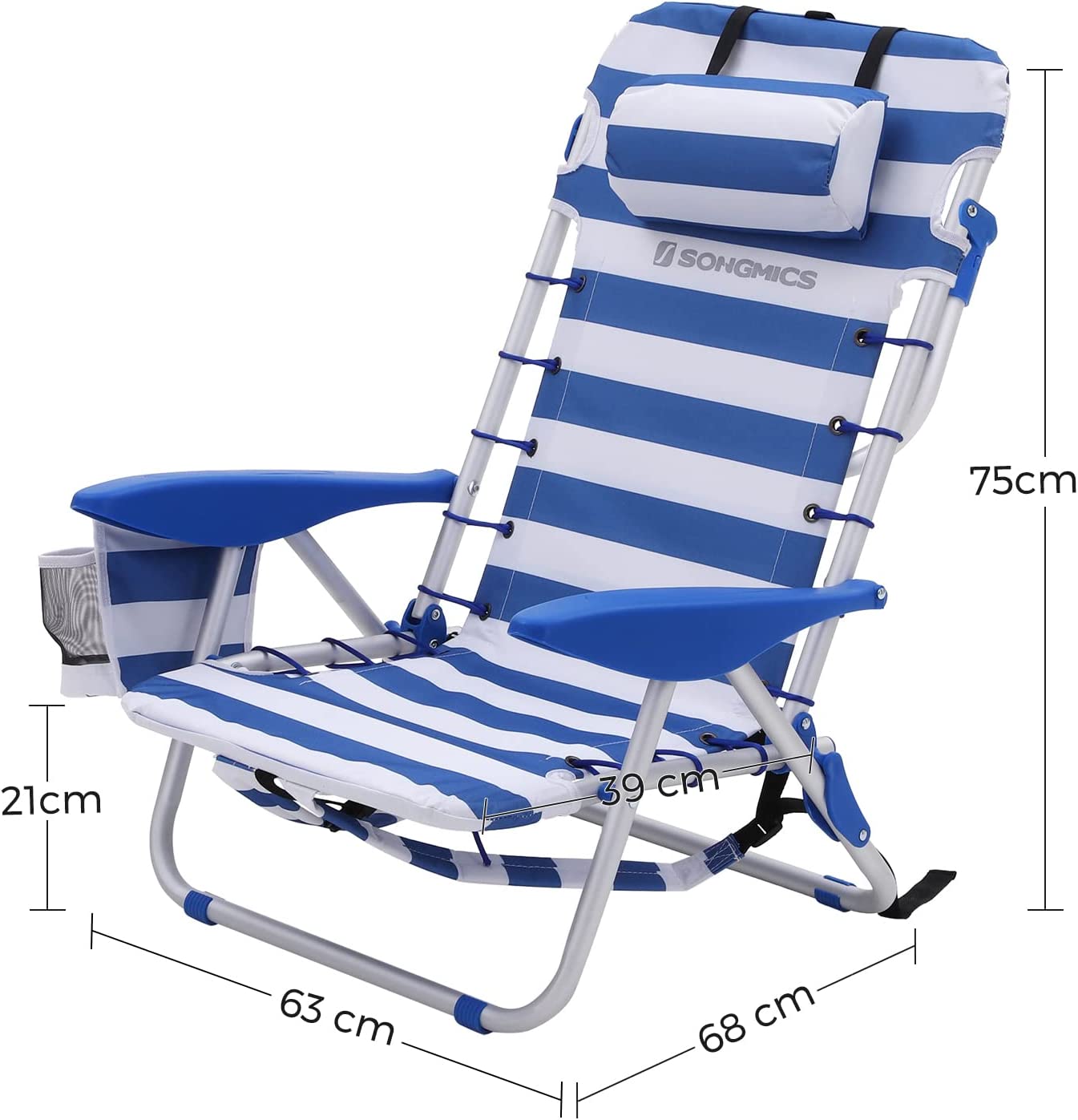 Chaise de Plage Portable,Lot de 2,Pliable, Dossier Inclinable jusqu'à 180°, Rayures Bleu et Blanches - 5