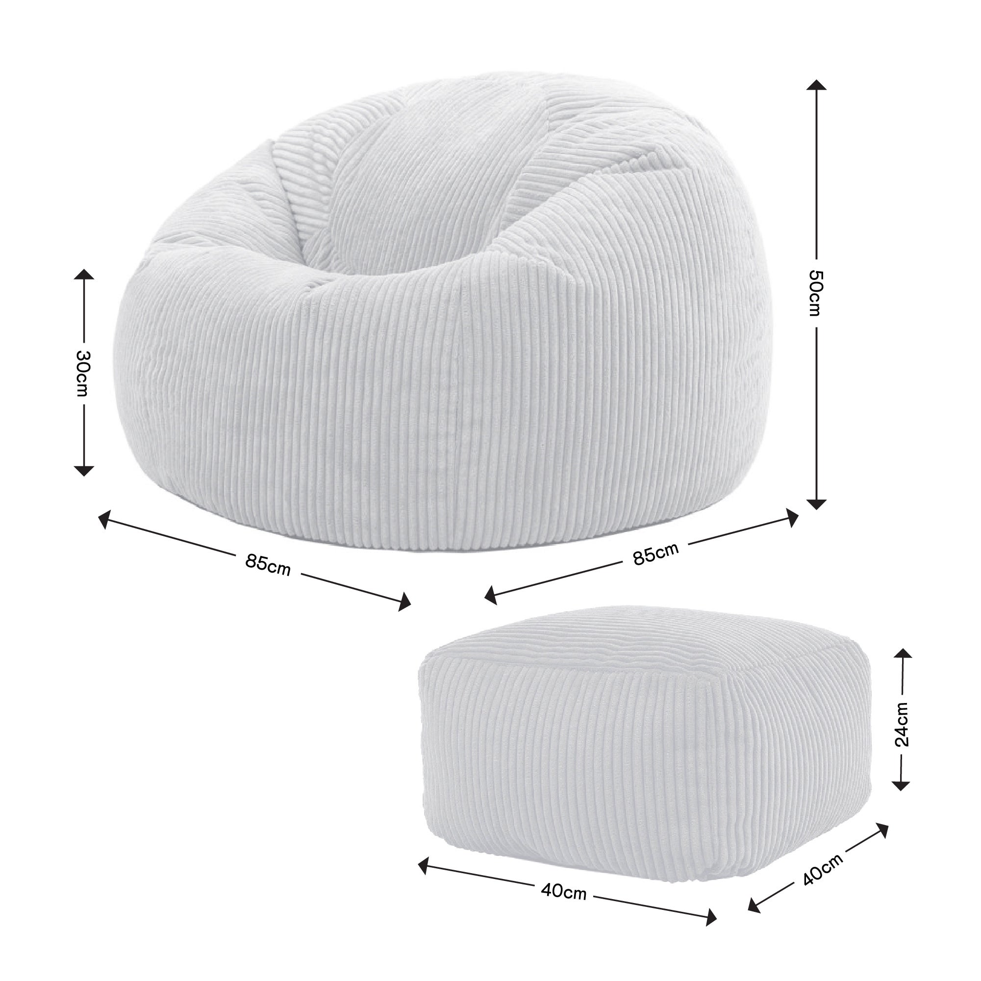 Pouf avec repose-pied Icon, salon, chambre velours côtelé beige galet, 85x85cm, Made in Allemagne, Oeko-Tex® - 7