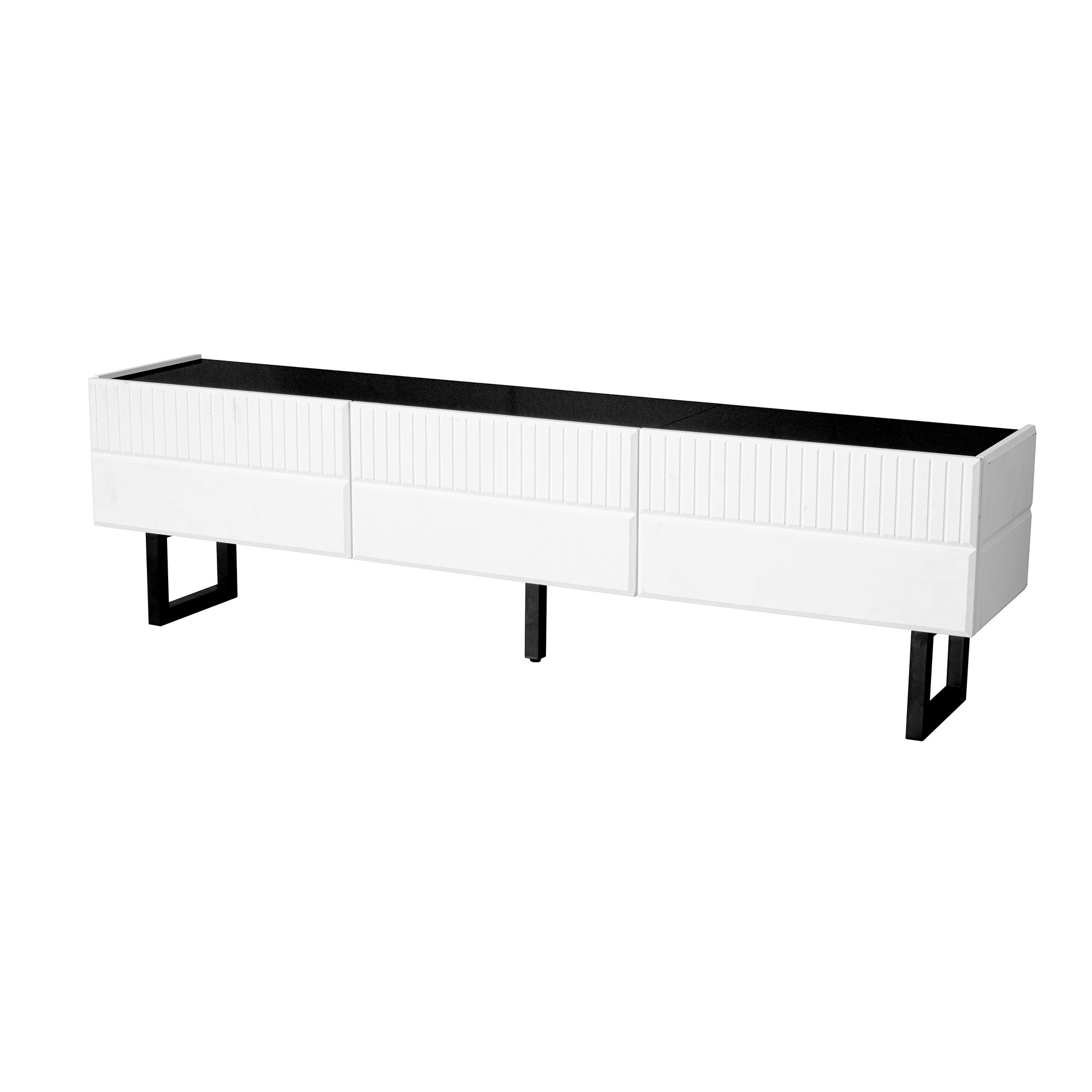 Meble pod TV 170x35x47cm - z 3 szufladami - Błyszczący lakierowany blat - Żelazne nogi - MDF - Biały i czarny - 7