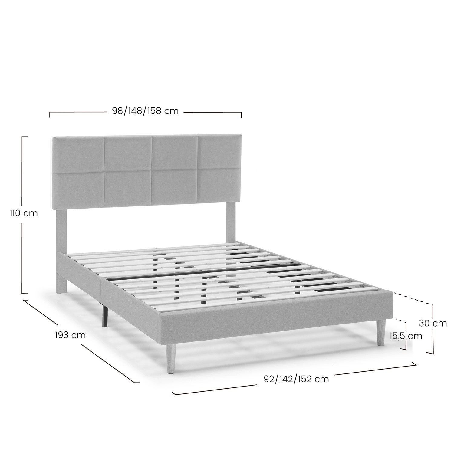 Estructura de cama tapizada Silvi de 30 cm, 150x190 cm, Beige - 8