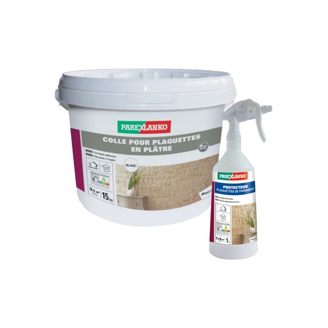 Pack PAREXLANKO - Colle pour plaquettes en plâtre blanc - 15kg - Protecteur plaquettes de parement - 1L