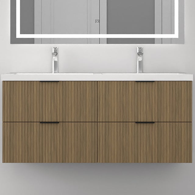 AICA Meuble de salle de bain mural 120 cm Noyer - 4 tiroirs + Lavabo double en céramique