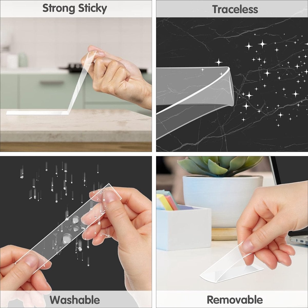 Nano Tape - Work - 2 x 3 mètres de long - 3 cm de large - Ruban double face extra fort - Étanche - Réutilisable - 4