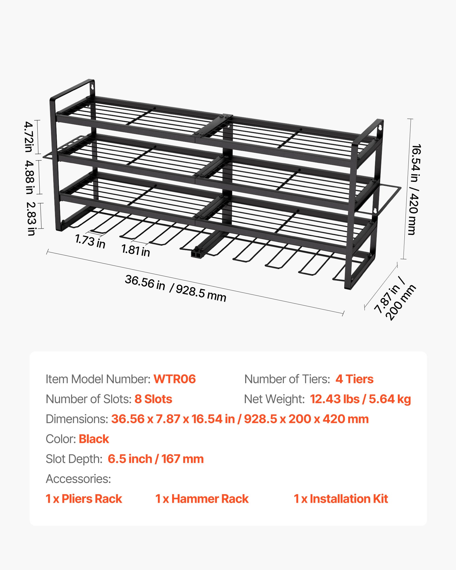 Organiseur mural VEVOR pour outils électriques, support rangement à 4 niveaux avec 8 emplacements, support tournevis, pour garage, établi et atelier - 7