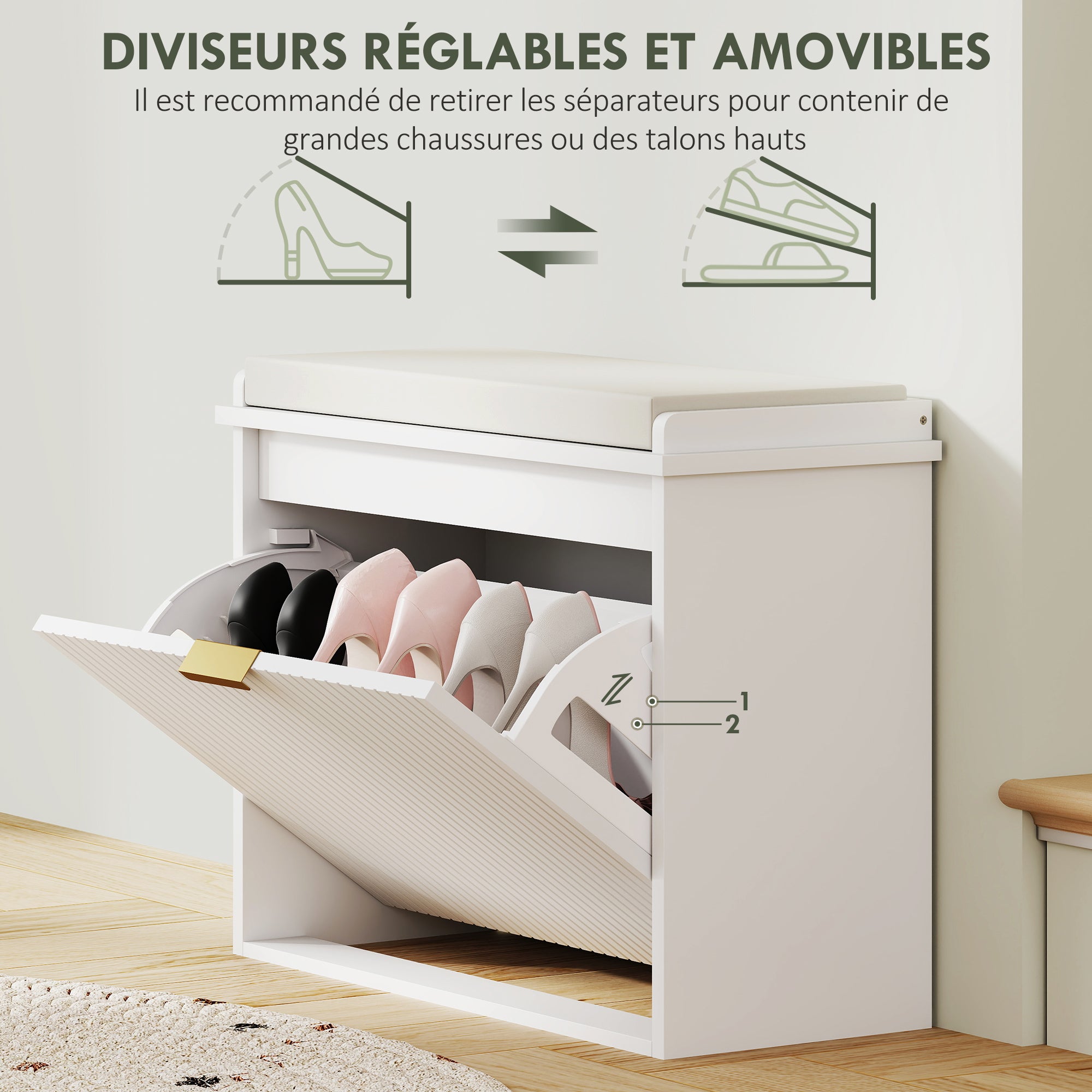 Rangement Banc à chaussures avec coussin d'assise rembourré et tiroir rabattable pour couloir chambre 62 x 26 x 47,5 cm - blanc - 8