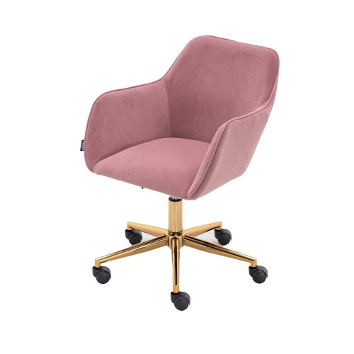 Silla de oficina de terciopelo rosa con patas ajustables y giratorias doradas