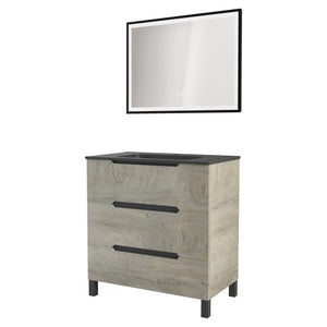 Mobile Bagno Alaska 80 Cm Con Lavabo In Resina Nera E Specchio LED - 3 Cassetti, Produzione Europea, Nero