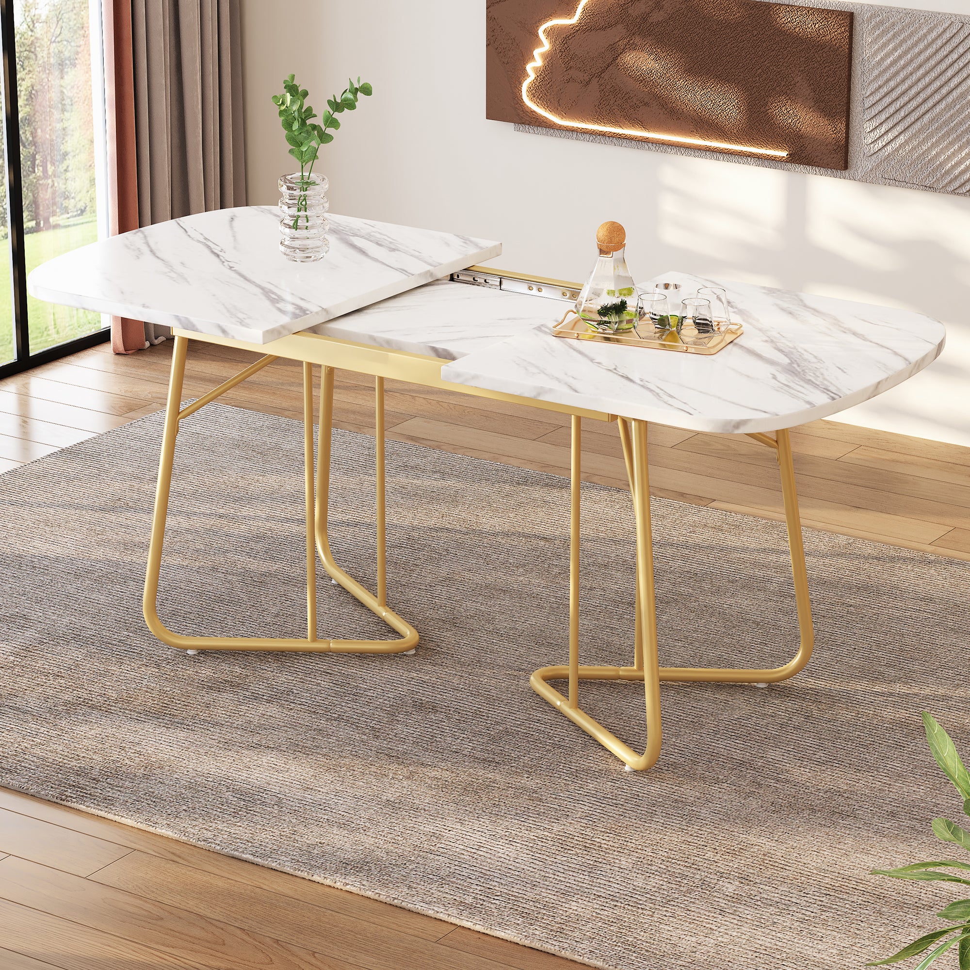 Rozkładany stół jadalny dla 4-6 osób - dł. 140/180 x szer. 80 x wys. 75 cm - płyta MDF, drewno i metal - wzór marmuru - biały - 2