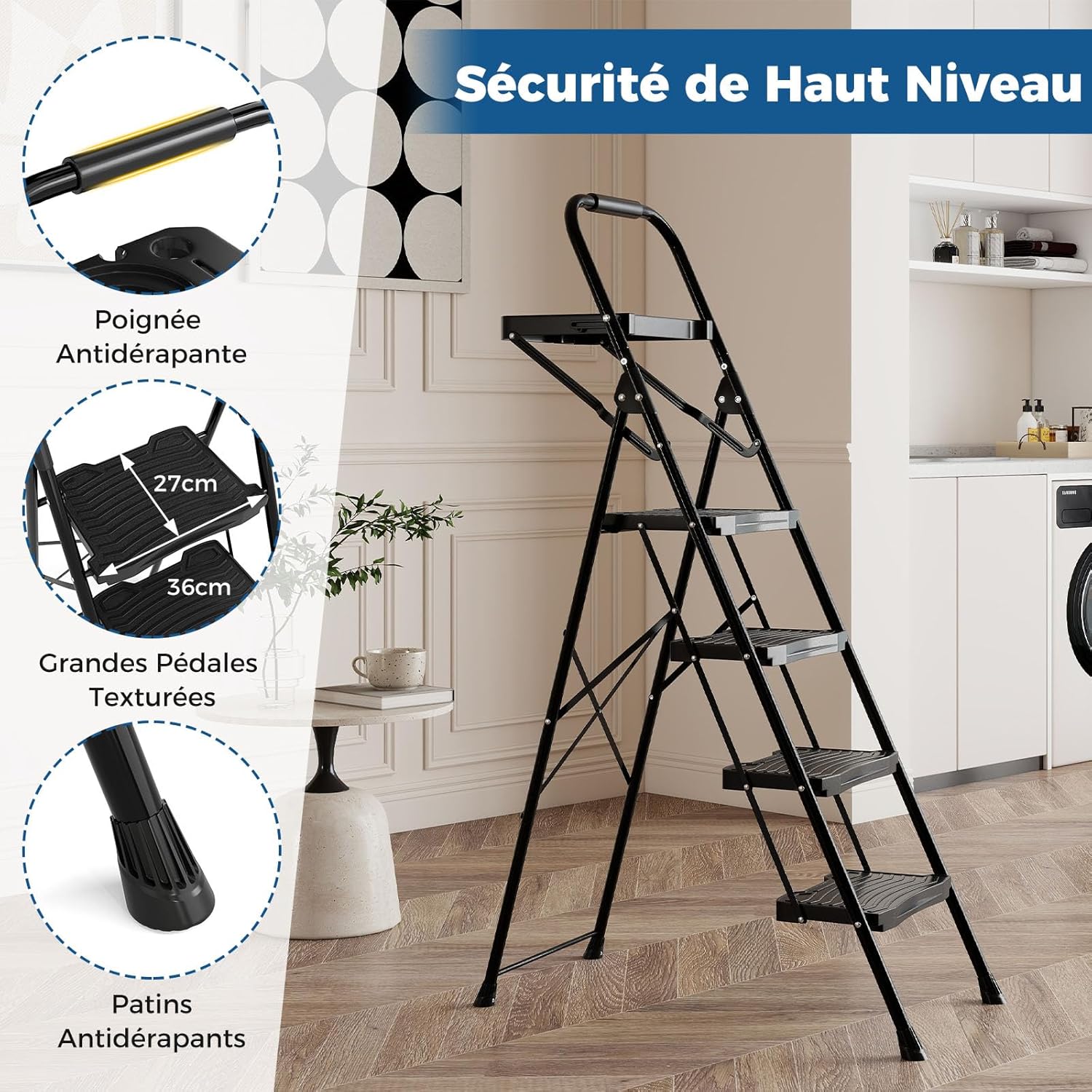 Escabeau Métallique 4 Marches avec Plateau Porte-Outils, Échelle Pliante avec Pédales Larges Antidérapantes Patins, Charge 150KG - 5