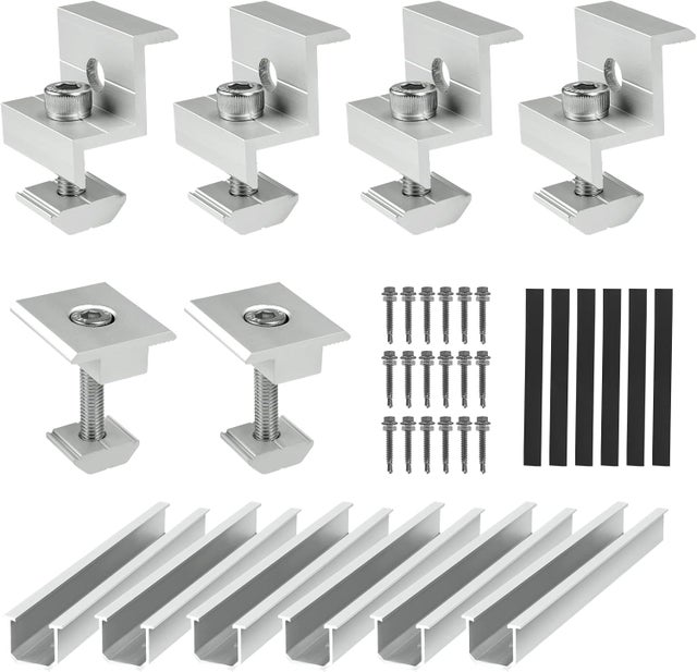 Kit de montage de panneaux solaires, support de montage de panneaux solaires, 6 rails en aluminium et 6 colliers pour kit de montage PV