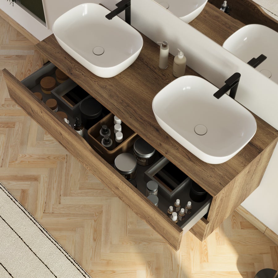 Meuble de salle de bain 120cm avec plateau et 2 vasques à poser Zeus - 2 tiroirs - sans miroir - tabaco (chêne foncé) - LUNA - 2