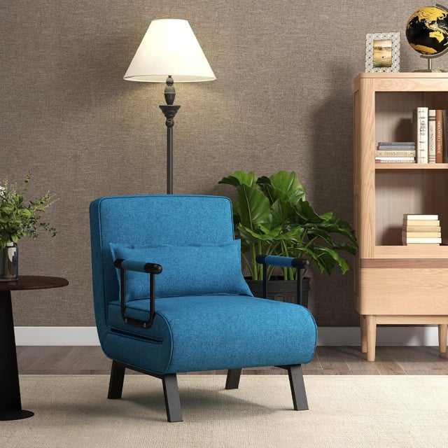 Fauteuil Convertible 1 Place, Chauffeuse 4-en-1 Dossier Réglable 6 Position, Siège Rembourré, Cadre Métal, Canapé-Lit Pliant, Bleu