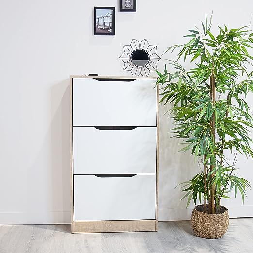 Scarpiera a 3 ante, stretta, colore Cambria e bianco, misure: 107 cm (H) x 60 cm (L) x 17,3 cm (P) - Meyvaser - 3