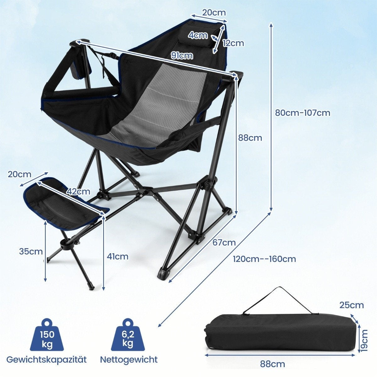 Northio Silla De Camping Con Reposapiés, Respaldo Ajustable, Reposacabezas Y Portavasos , Leroy Merlin