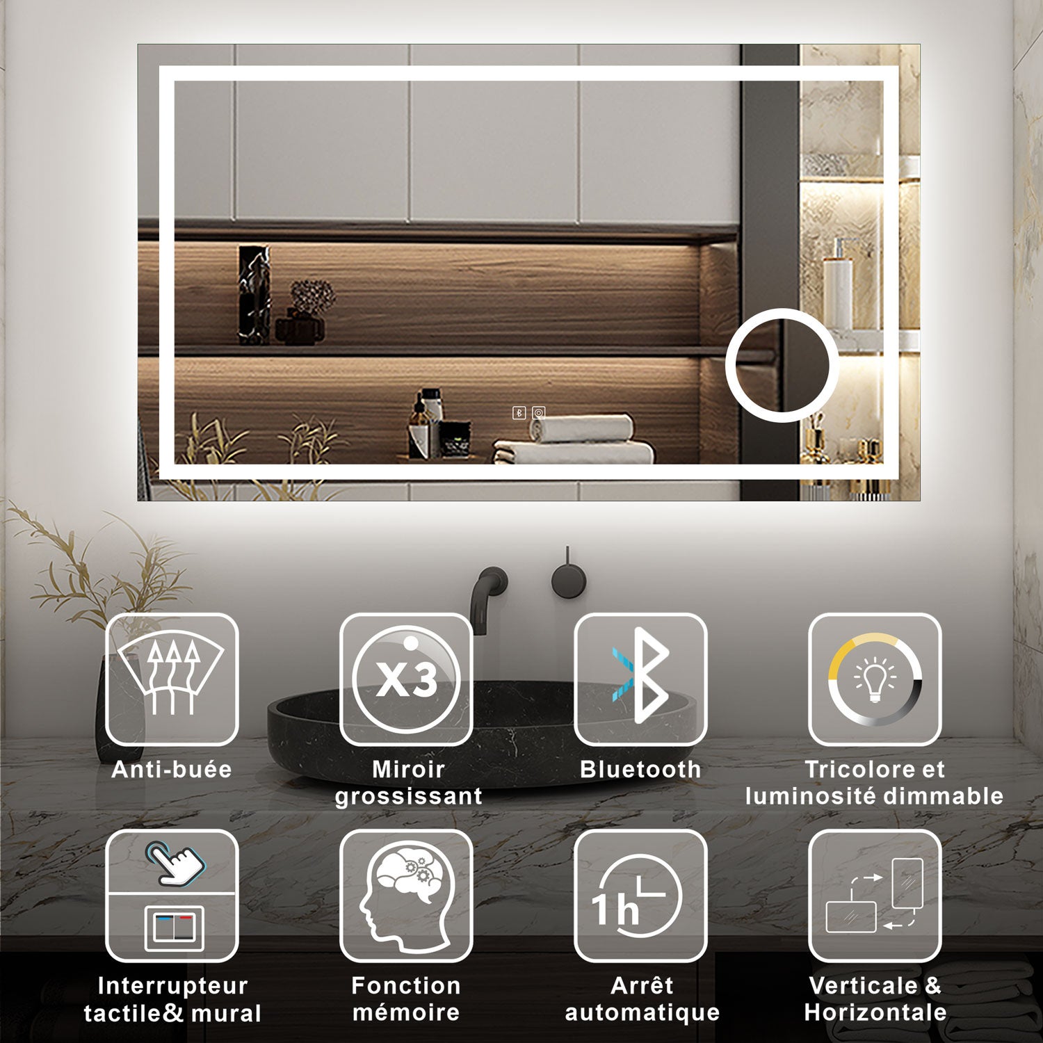 Miroir Salle De Bain LED AICA 120x70cm - Bluetooth, Anti-buée, 3 Couleurs, Grossissant 3X - IP44