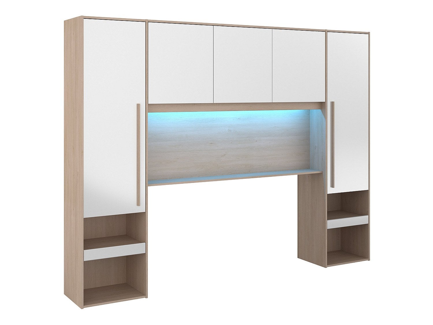 Pont de lit avec rangements - Avec LEDs - L265 cm - Coloris : Blanc brillant et naturel - VELONA - 6