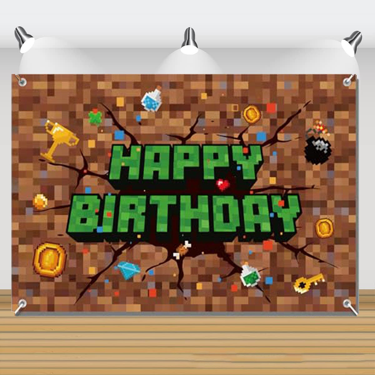 Striscione Per Compleanno Con Bordo Angolare Su Sfondo Blu Con Coriandoli, Palloncini Striscione Per Compleanno Con Bordo Angolare Su Sfondo Blu Con Coriandoli, Palloncini