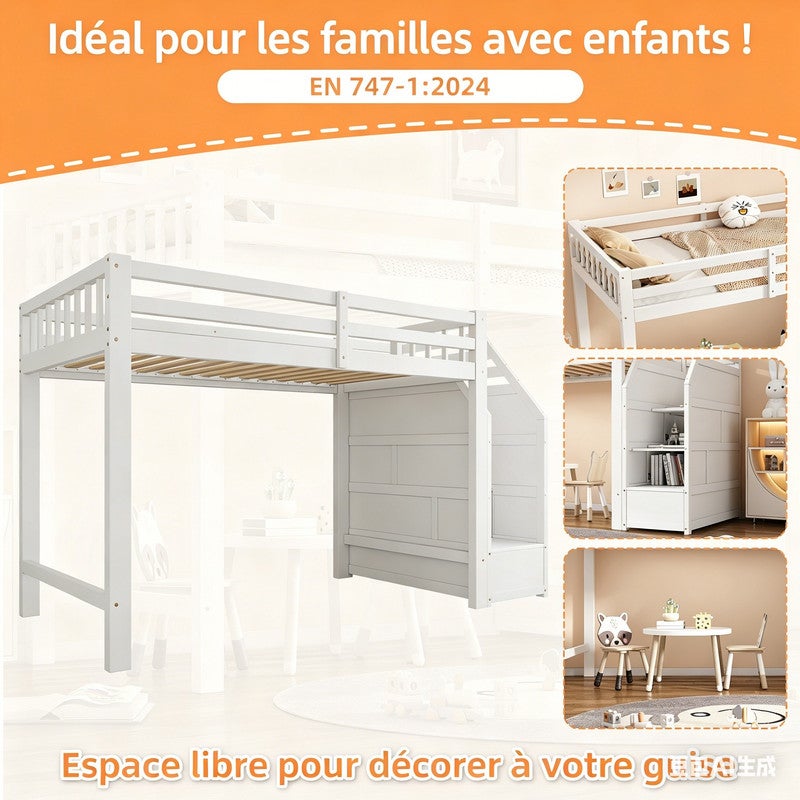 Lit mezzanine 90x200,Multifonctionnel Lit Superposé Enfant avec Escaliers de Rangement et Barrière,Lit Hauteur en bois ,Blanc - 5