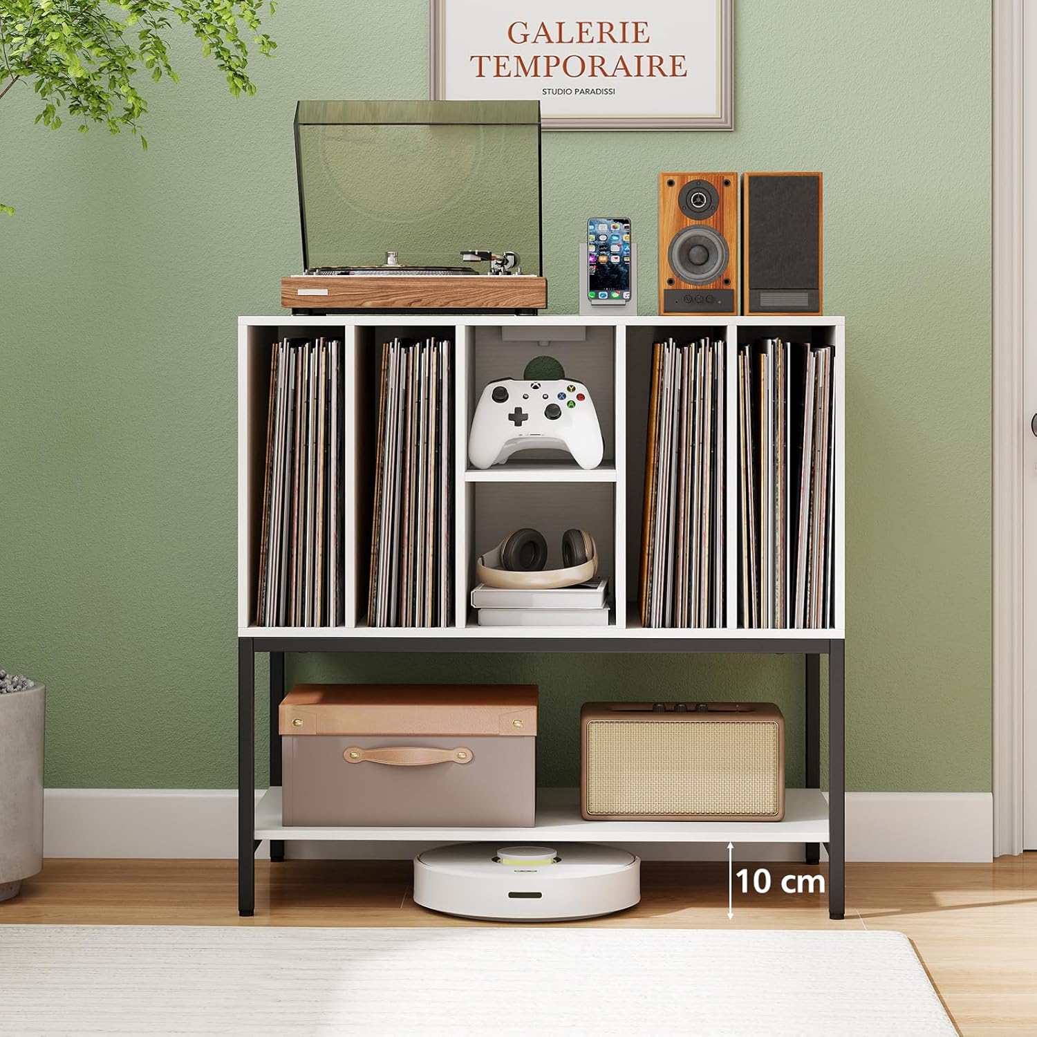 Meuble Platine Vinyle 80 x 45 x 79,5 CM, Table Tourne-Disque avec étagères & Station de Charge, Cadre en Métal, Organisateur de Rangement, Blanc - 2