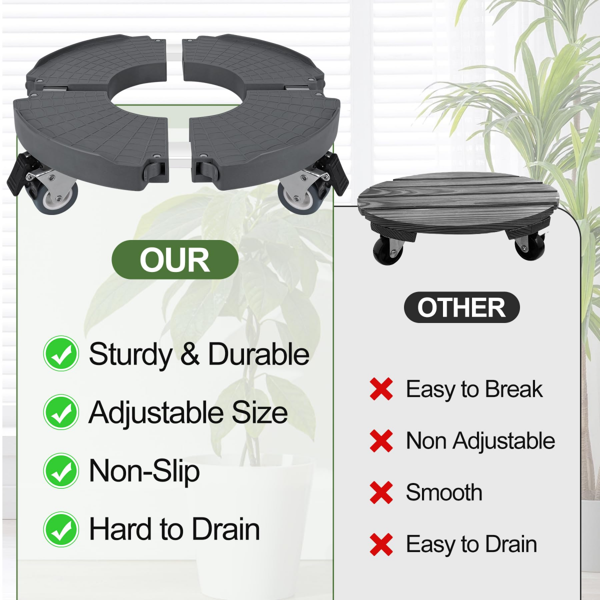 Caddie à plantes avec roues, capacité robuste de 440lb, support à plantes roulant réglable de 15 à 21 pouces, pour l'intérieur et l'extérieur - 3