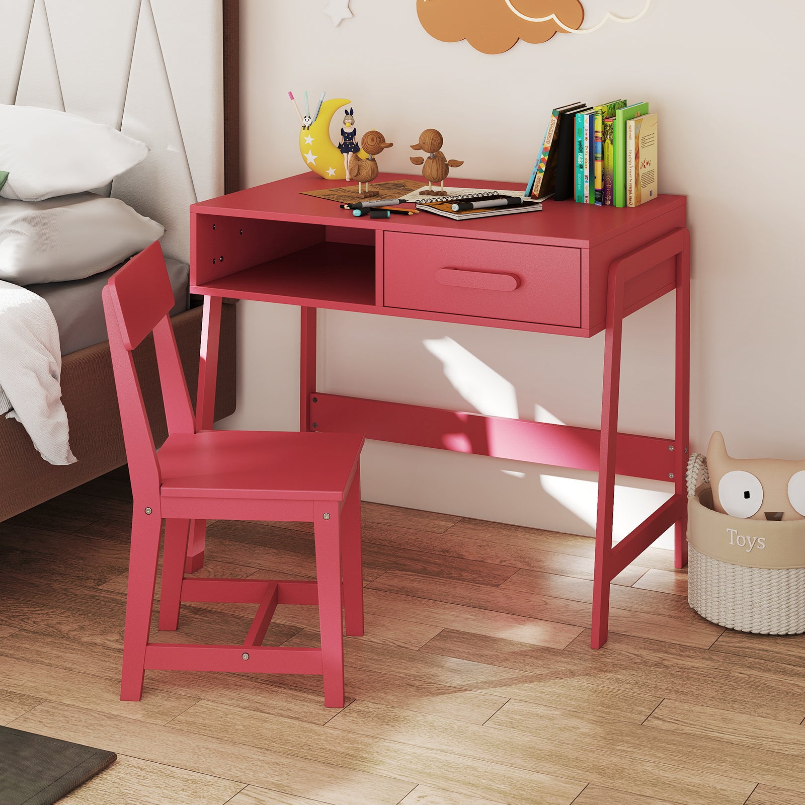 Biurko dla Dzieci Powyżej 3 Lat, Stolik dla Dzieci z Ergonomicznym Krzesłem, Biurko dla Dzieci z Sosny z Miejscem, Nośność 75/55 kg (Różowy) - 8